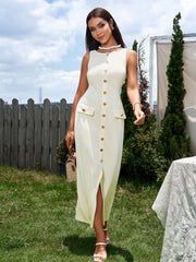 Temperament Round-Neck Sleeveless Single-Breasted Bodycon Maxi Dress