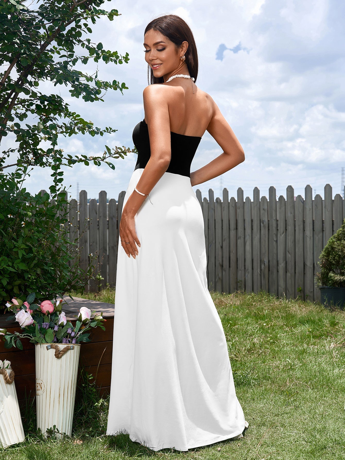 Hepburn Black and White Stitching Cinched Waist Strapless Maxi Dress