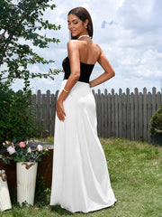 Hepburn Black and White Stitching Cinched Waist Strapless Maxi Dress