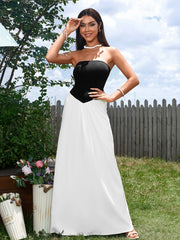 Hepburn Black and White Stitching Cinched Waist Strapless Maxi Dress