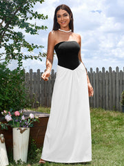 Hepburn Black and White Stitching Cinched Waist Strapless Maxi Dress