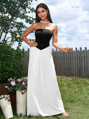 Hepburn Black and White Stitching Cinched Waist Strapless Maxi Dress