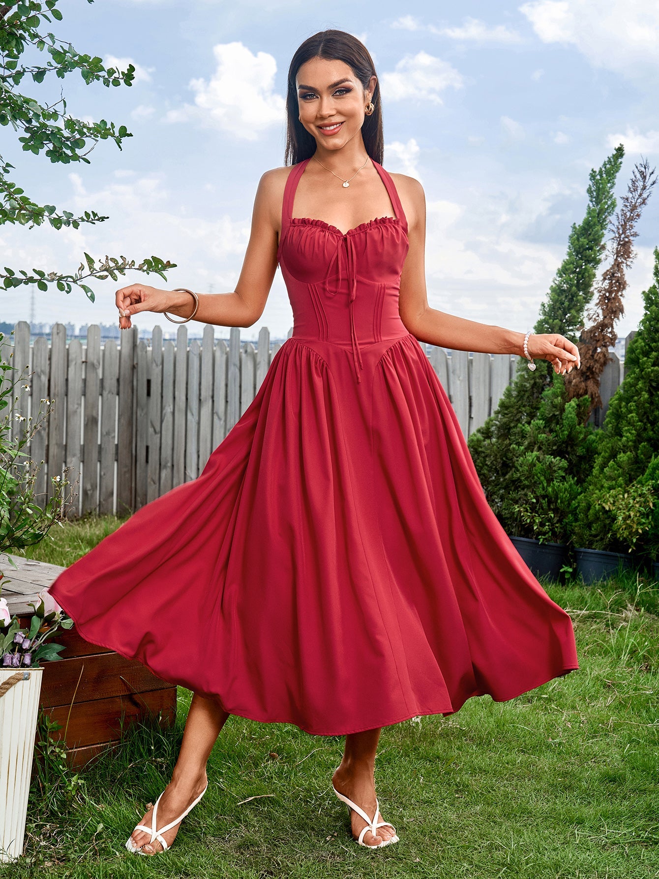 Sexy and Fashionable Halter Neck Cinched Waist Ruched Dress