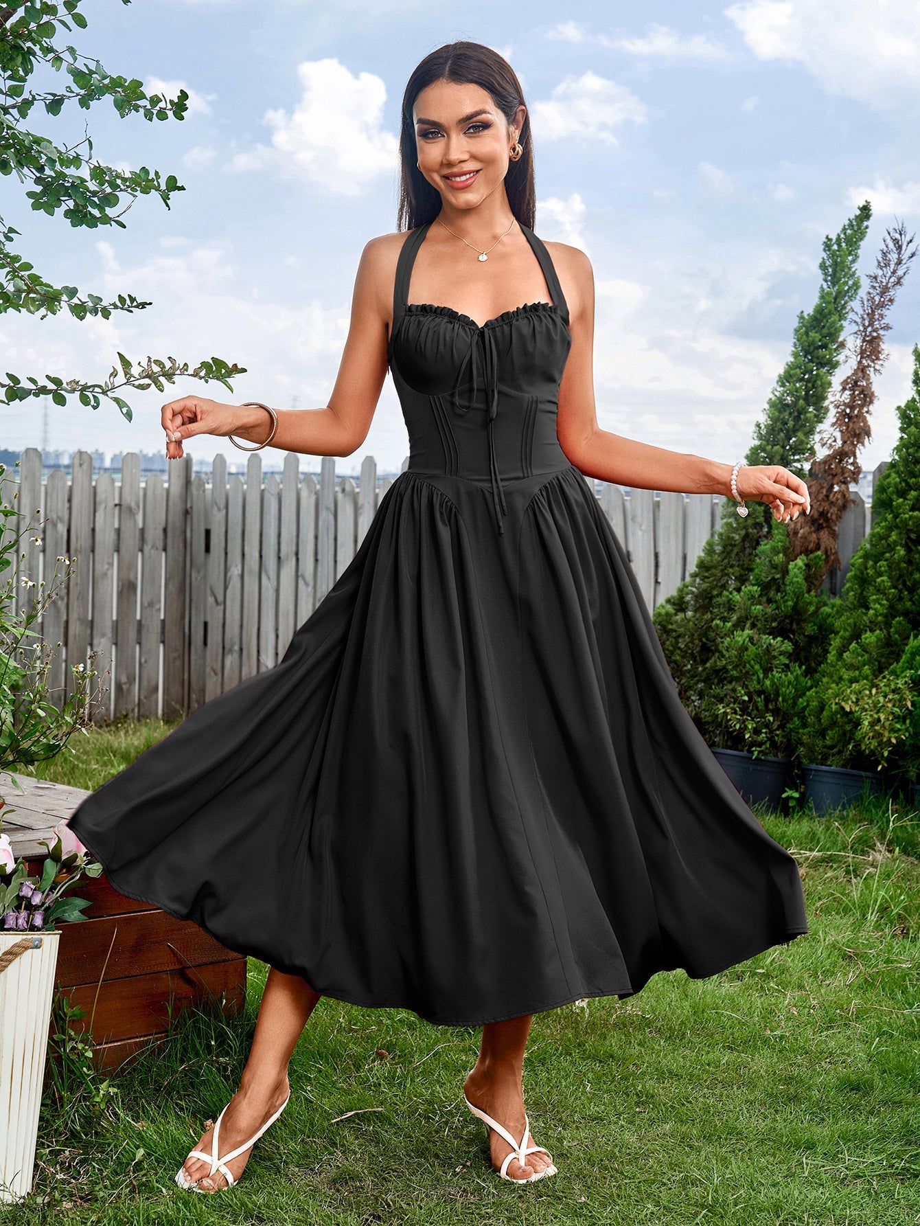 Sexy and Fashionable Halter Neck Cinched Waist Ruched Dress