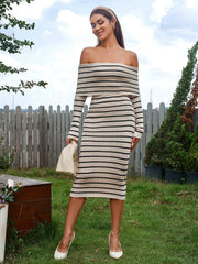 Temperament Striped Long-Sleeved Off-Shoulder Strapless Bodycon Midi Dress