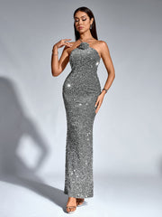 Temperament Backless Halter Neck Sparkly Bodycon Gown