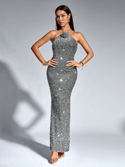Temperament Backless Halter Neck Sparkly Bodycon Gown