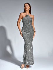 Temperament Backless Halter Neck Sparkly Bodycon Gown