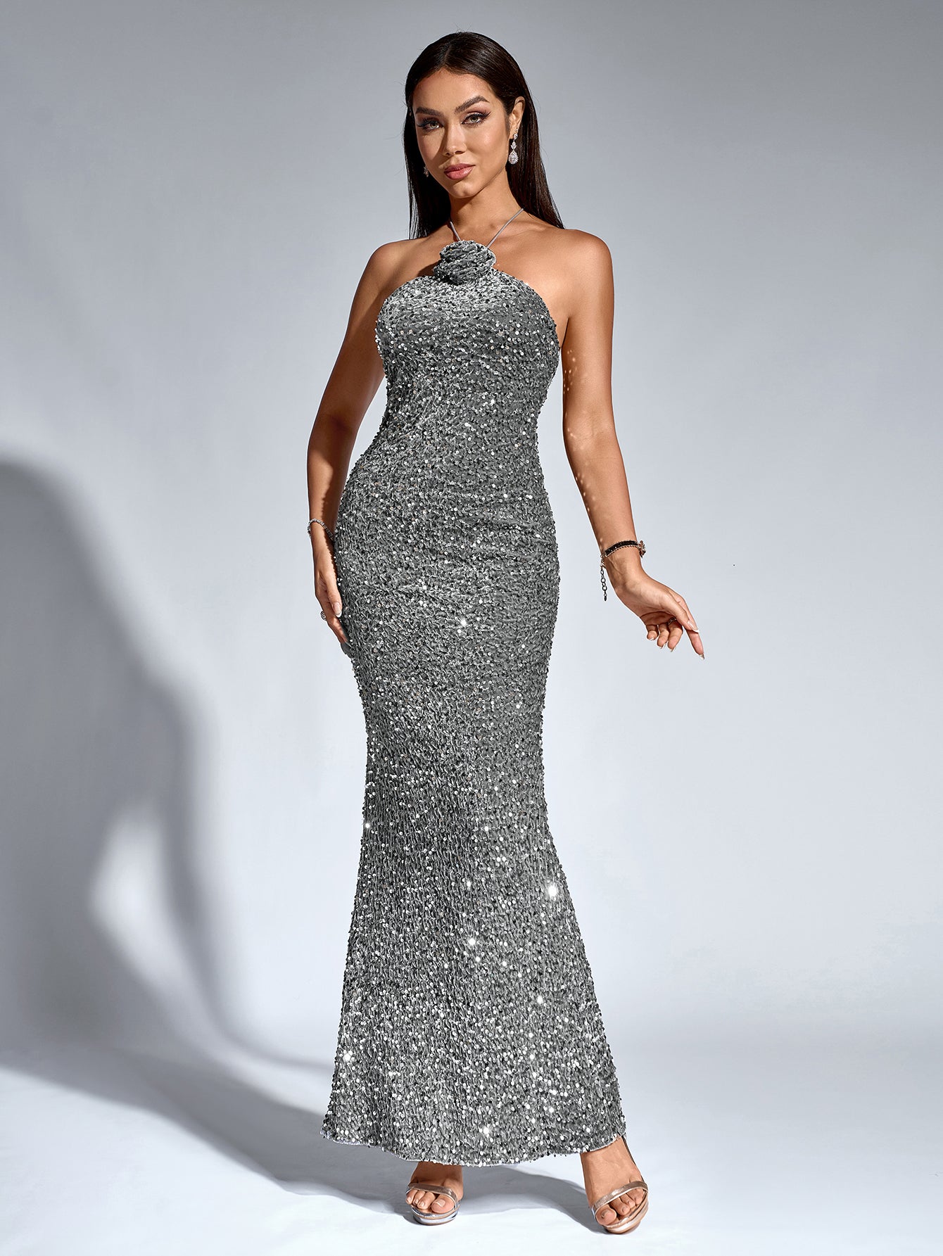 Temperament Backless Halter Neck Sparkly Bodycon Gown