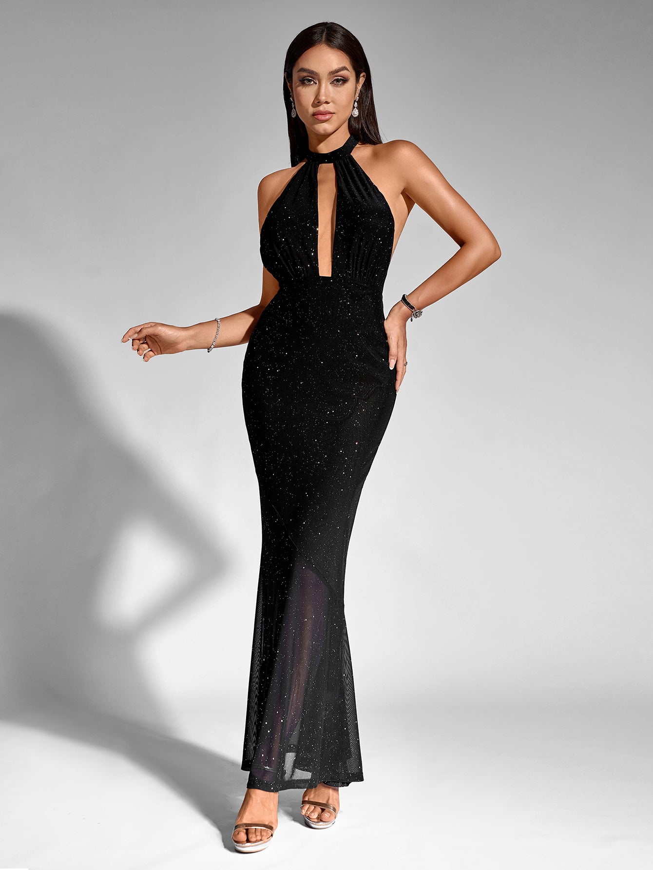 Sexy Sparkly Mesh Halter Neck Cut-Out Sleeveless Backless Bodycon Gown