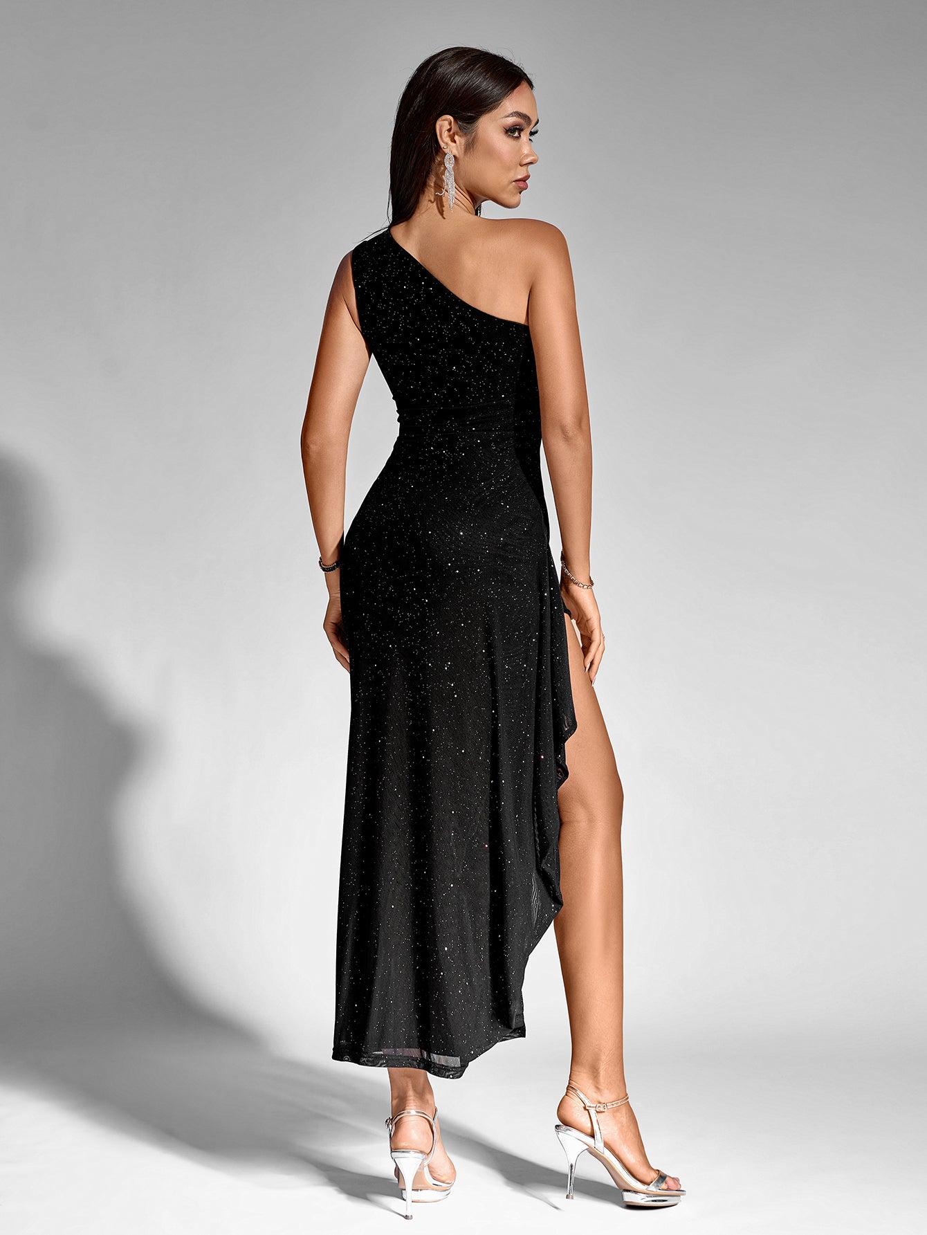 Sexy Sparkly One Shoulder Ruched Gown Maxi Dress
