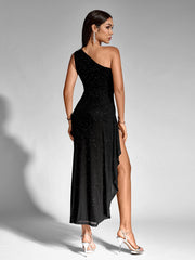 Sexy Sparkly One Shoulder Ruched Gown Maxi Dress