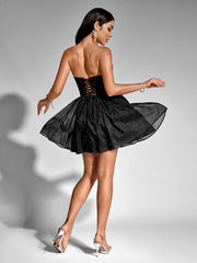 Sexy Sparkly Ruched Solid Bandeau Mini Dress