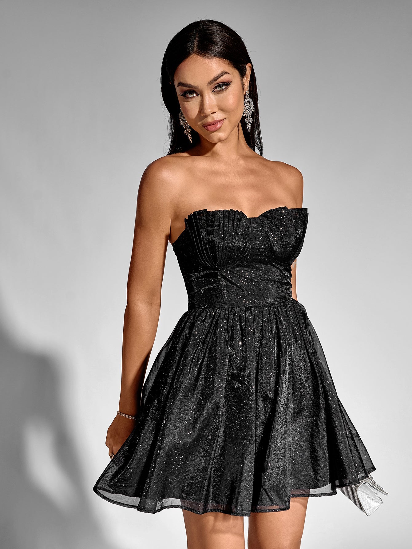 Sexy Sparkly Ruched Solid Bandeau Mini Dress
