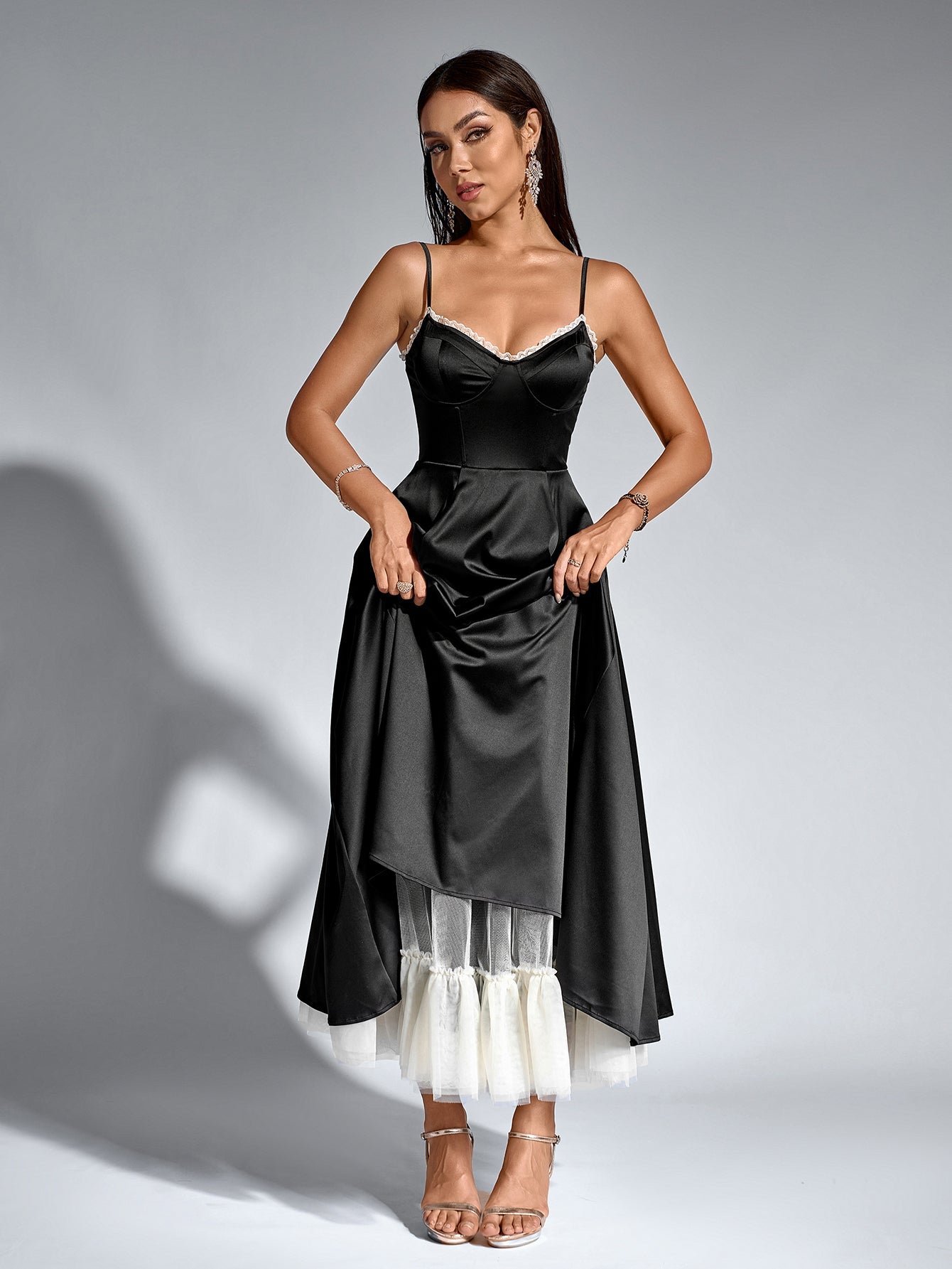 French Satin Mesh Double Sleeveless Backless Cinched Waist Slip Dress