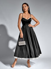 French Satin Mesh Double Sleeveless Backless Cinched Waist Slip Dress