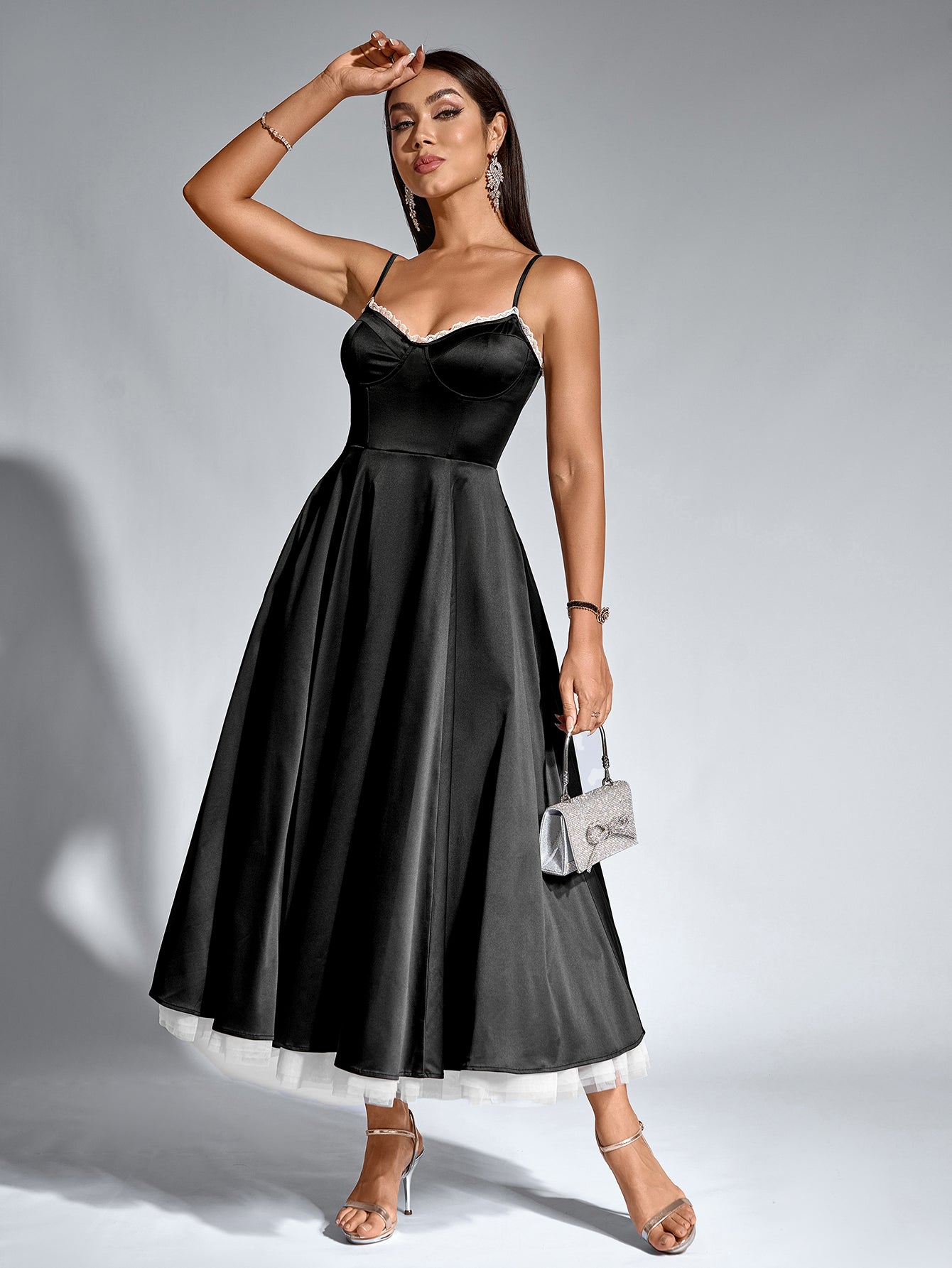 French Satin Mesh Double Sleeveless Backless Cinched Waist Slip Dress