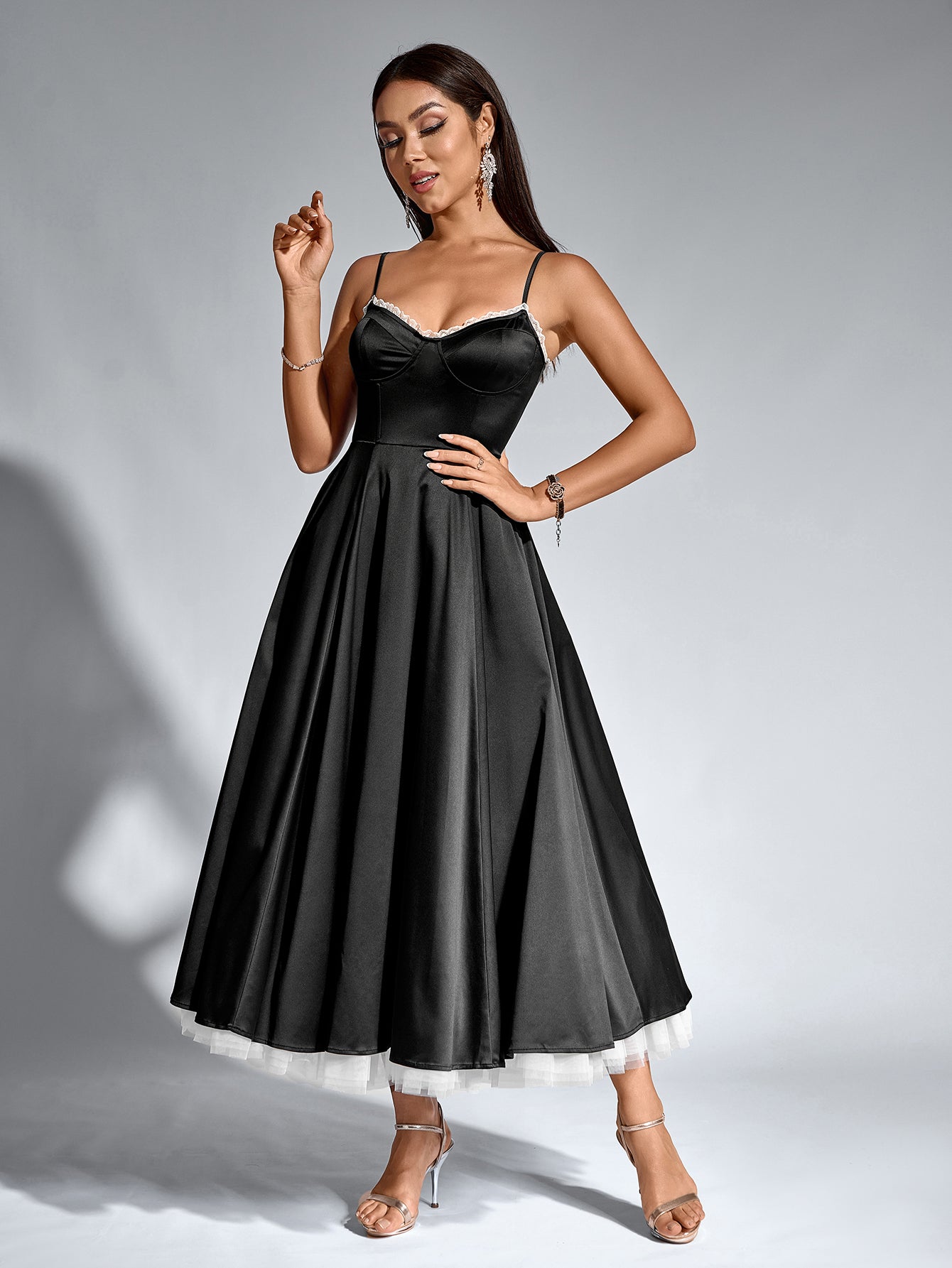 French Satin Mesh Double Sleeveless Backless Cinched Waist Slip Dress