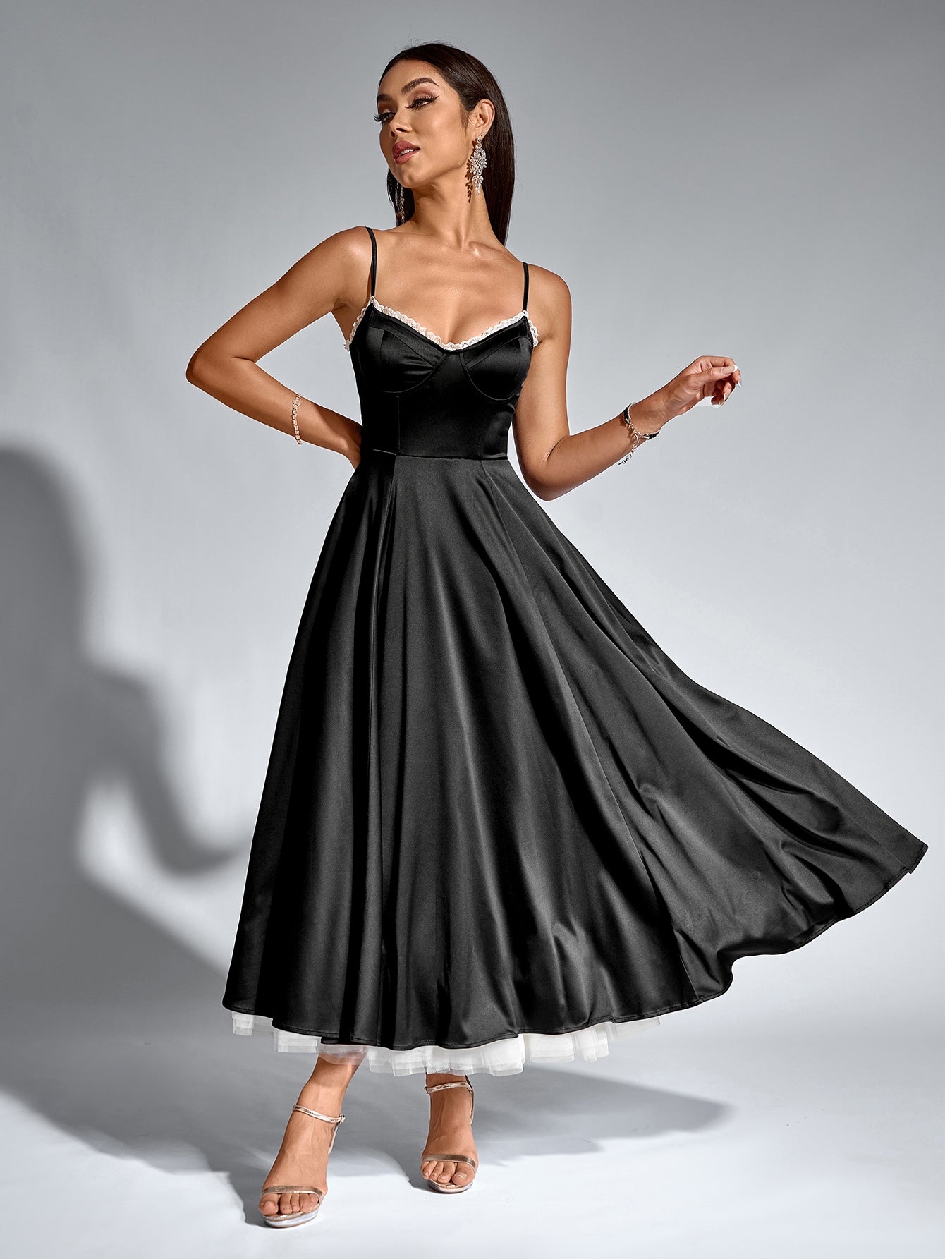French Satin Mesh Double Sleeveless Backless Cinched Waist Slip Dress