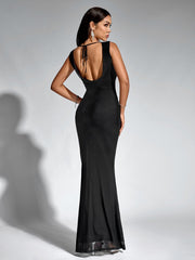 Sexy Mesh Solid Sleeveless Halter Neck Backless Bodycon Maxi Dress
