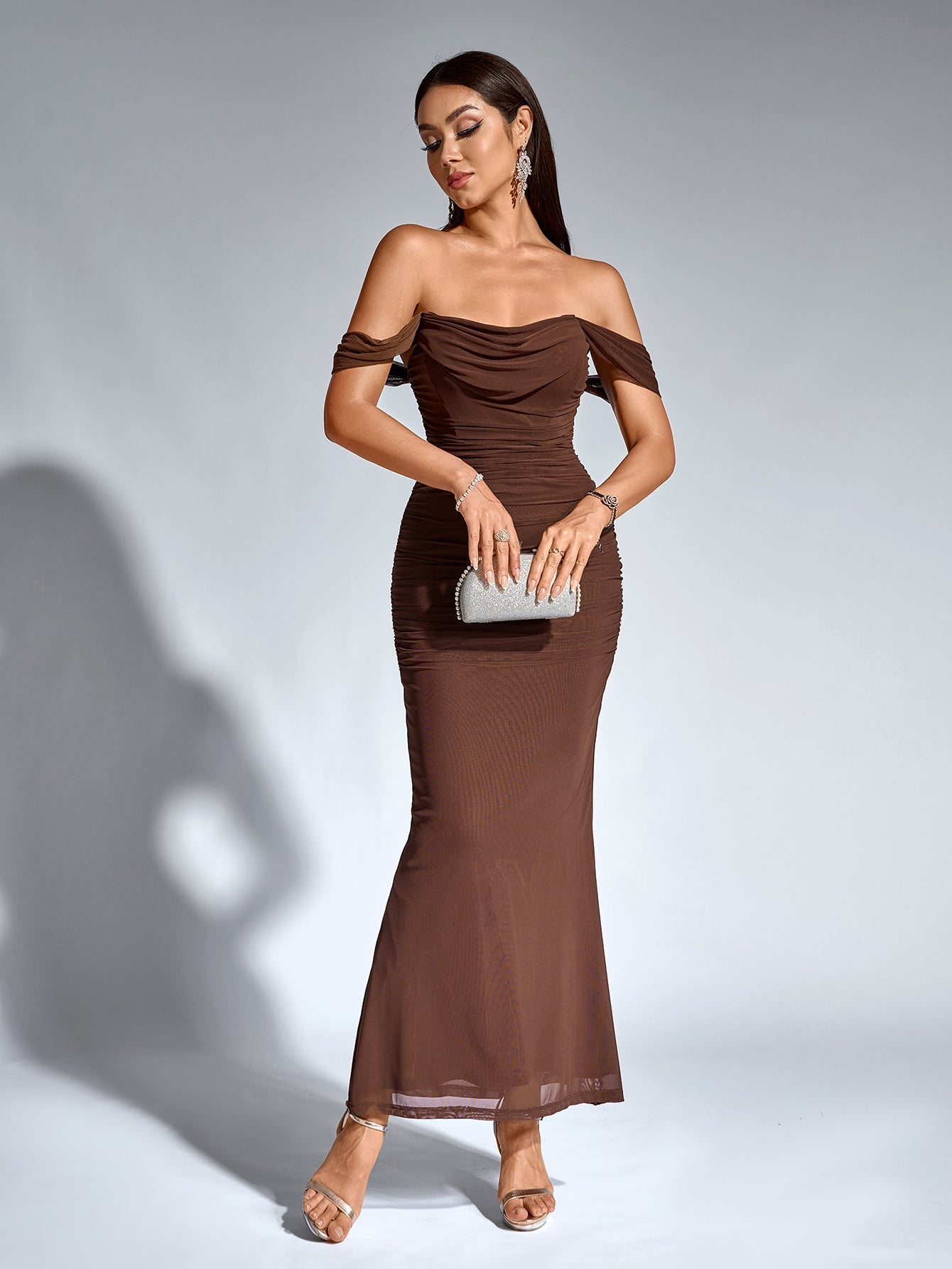 Sexy Off-Shoulder Mesh Bandeau Bodycon Maxi Dress
