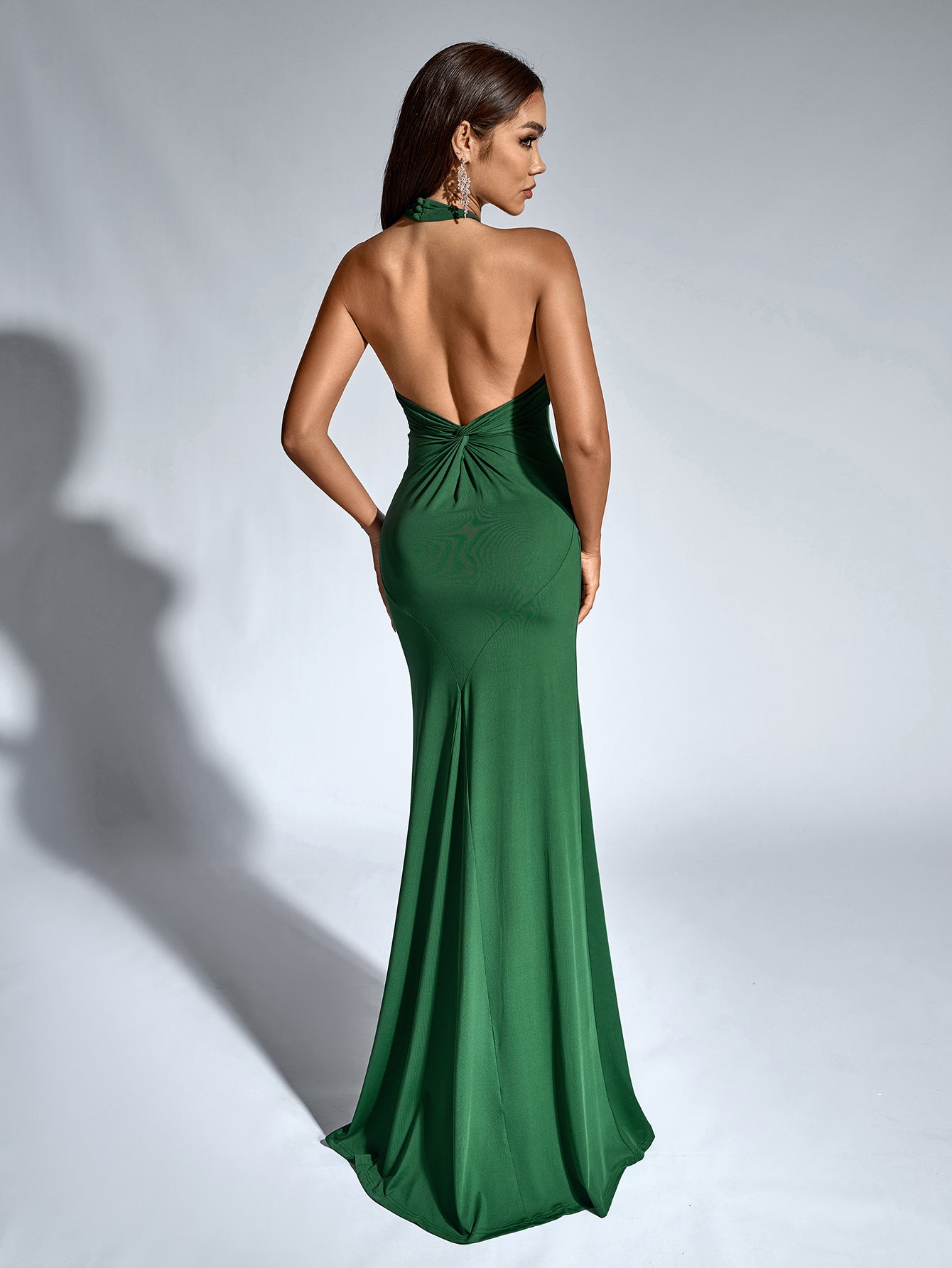 Sexy Solid Slim Halter Neck Sleeveless Backless Strapless Ruched Gown
