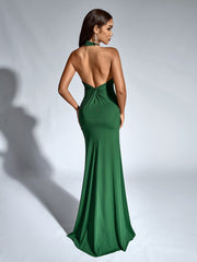 Sexy Solid Slim Halter Neck Sleeveless Backless Strapless Ruched Gown