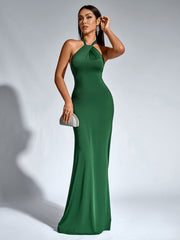 Sexy Solid Slim Halter Neck Sleeveless Backless Strapless Ruched Gown