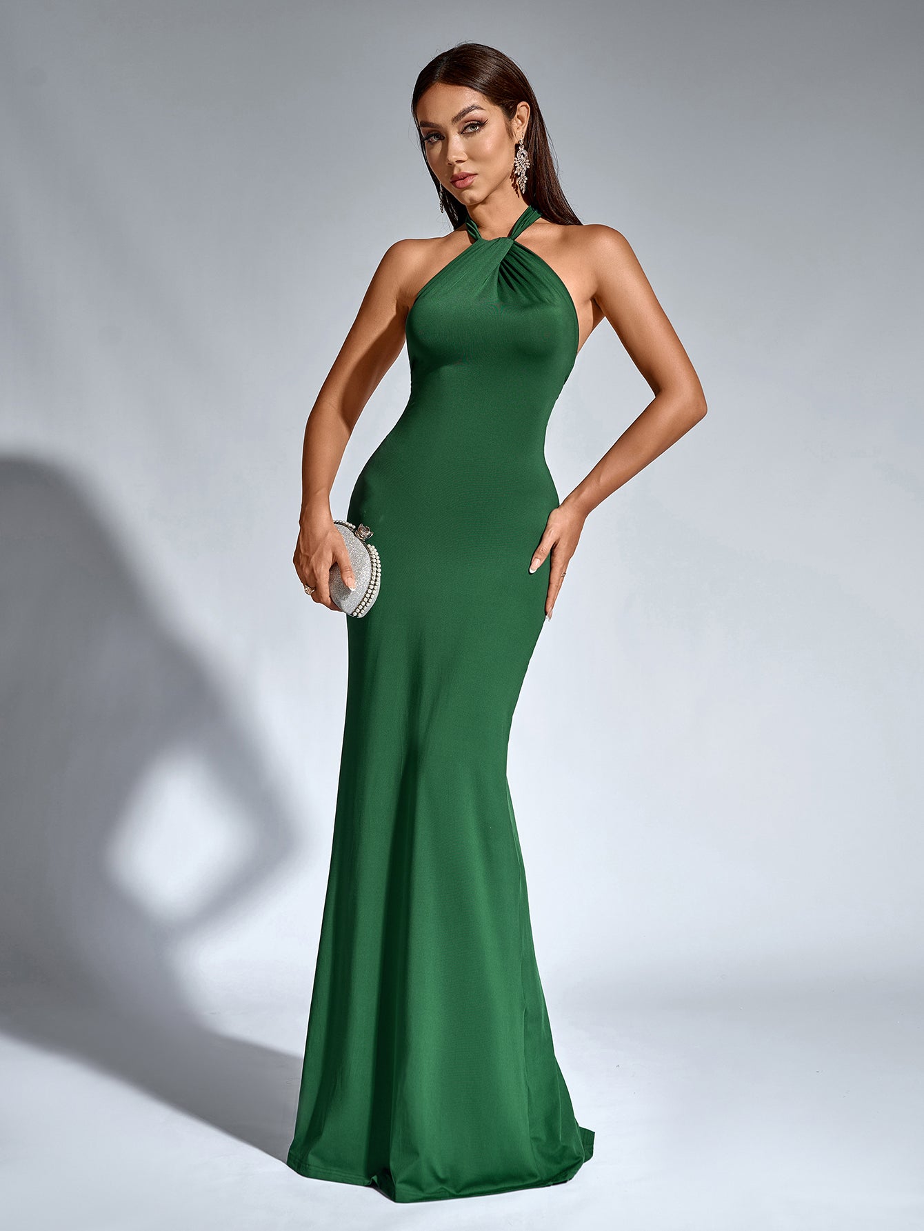 Sexy Solid Slim Halter Neck Sleeveless Backless Strapless Ruched Gown