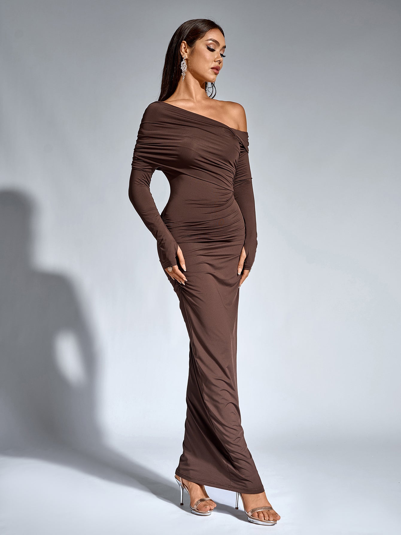 Sexy Solid One Shoulder Ruched Bodycon Maxi Dress