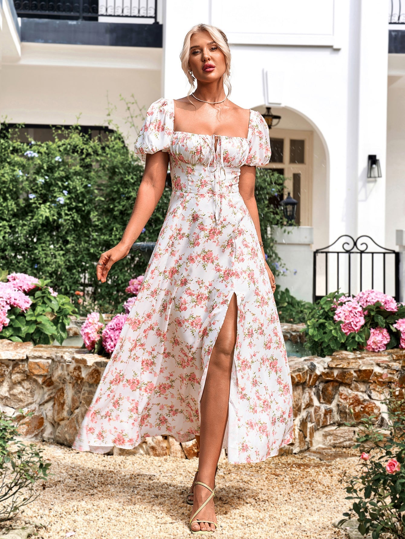 Floral Puff Sleeve Off Shoulder Flowy Slit Midi Dress
