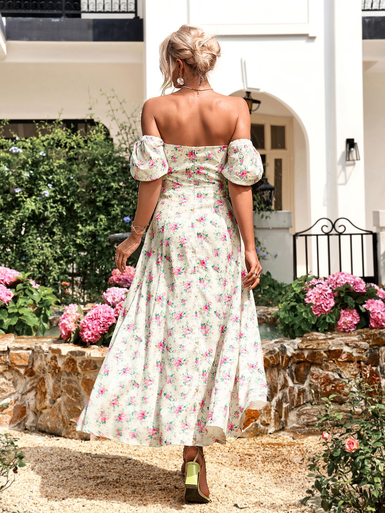 Floral Puff Sleeve Off Shoulder Flowy Slit Midi Dress