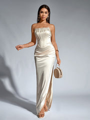 Elegant Beaded Tassels Cinched Waist Ruched Strapless Bodycon Gown