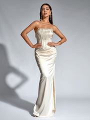 Elegant Beaded Tassels Cinched Waist Ruched Strapless Bodycon Gown