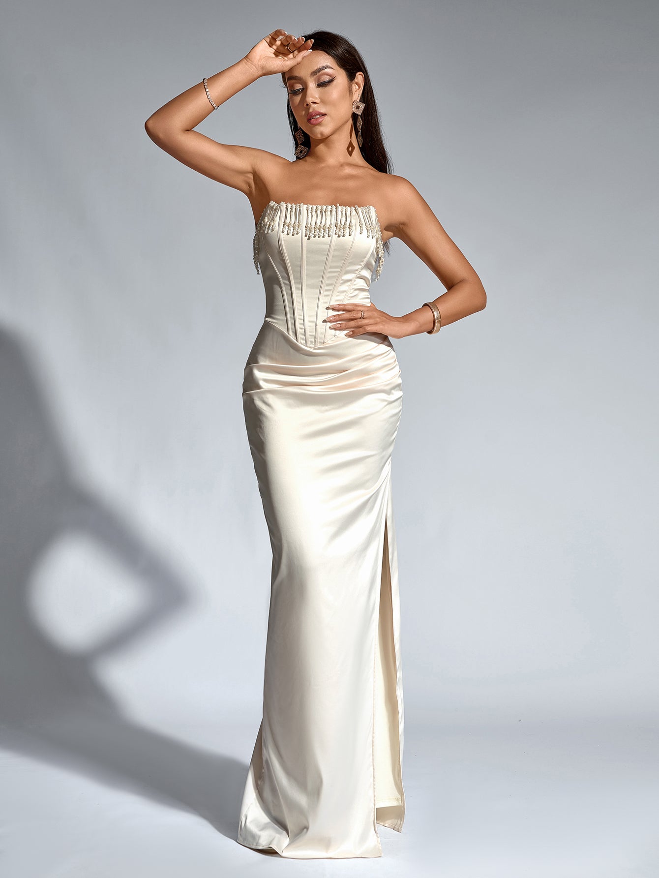 Elegant Beaded Tassels Cinched Waist Ruched Strapless Bodycon Gown