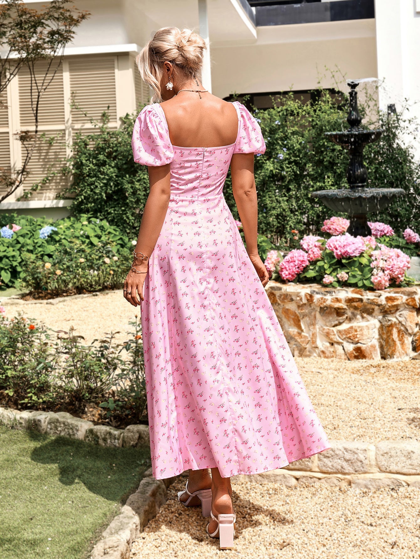 Floral Puff Sleeve Off Shoulder Flowy Slit Midi Dress