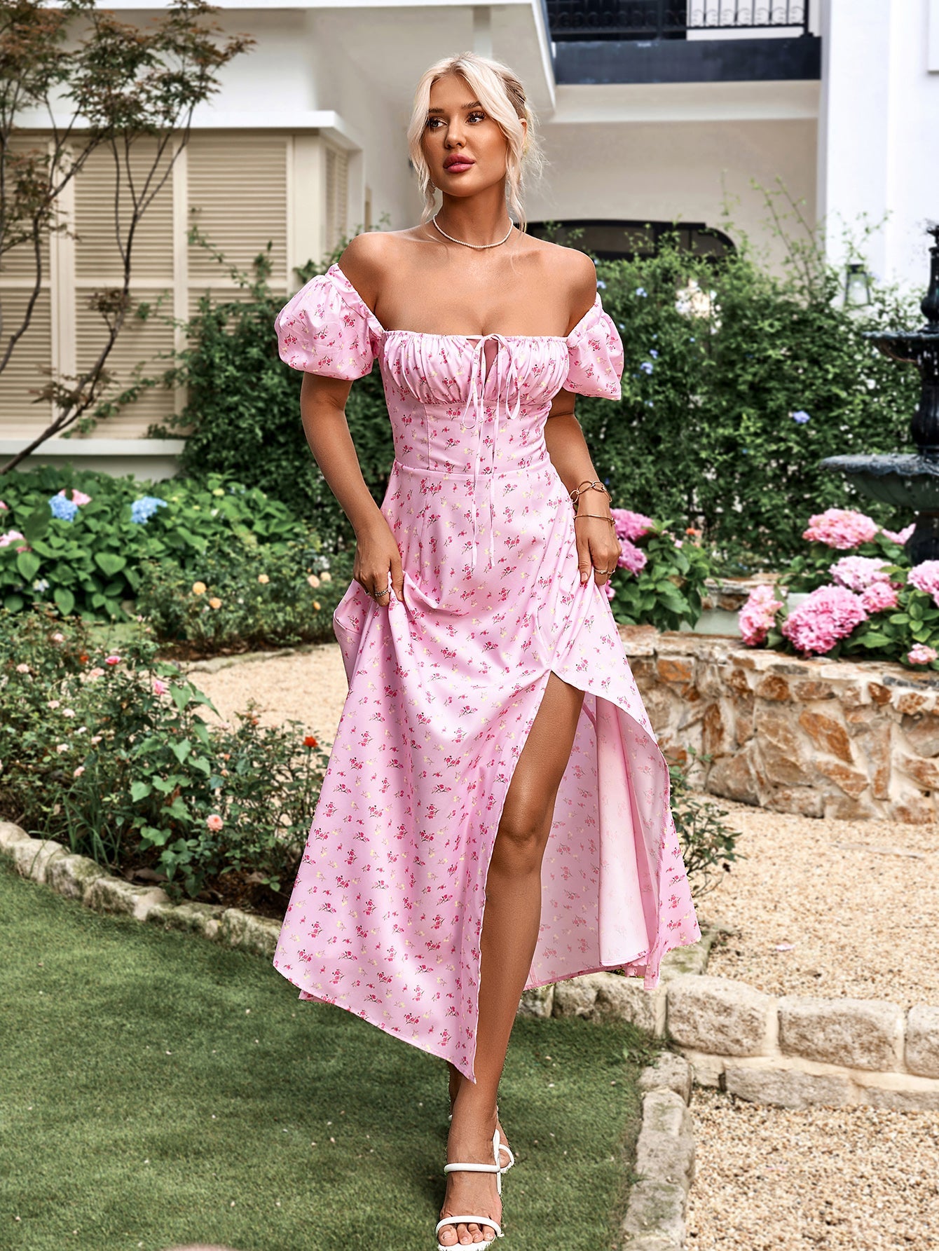 Floral Puff Sleeve Off Shoulder Flowy Slit Midi Dress
