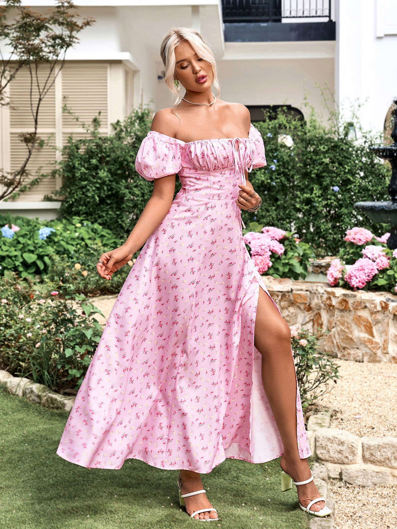 Floral Puff Sleeve Off Shoulder Flowy Slit Midi Dress