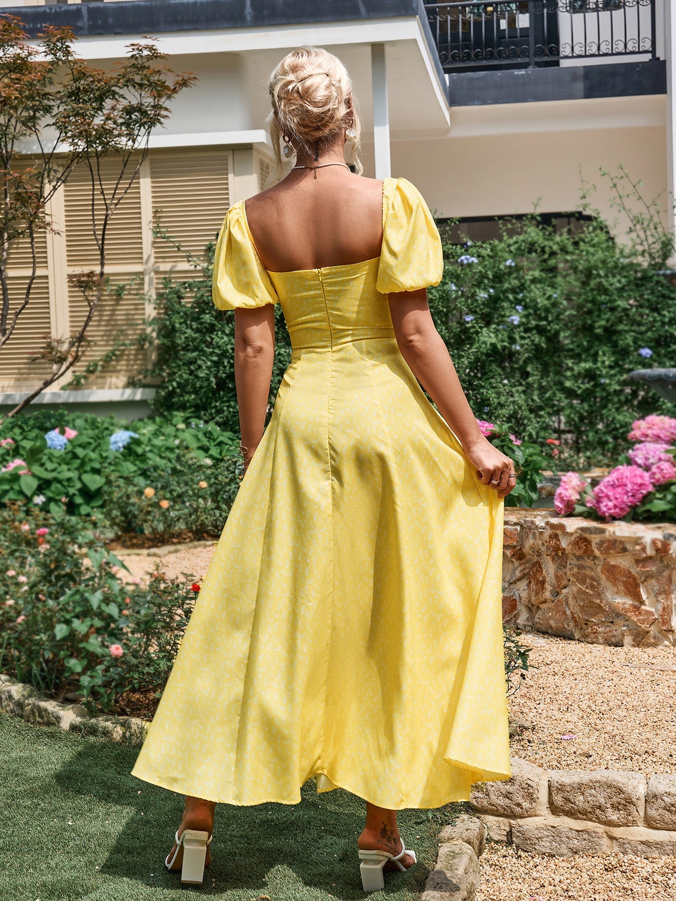 Floral Puff Sleeve Off Shoulder Flowy Slit Midi Dress
