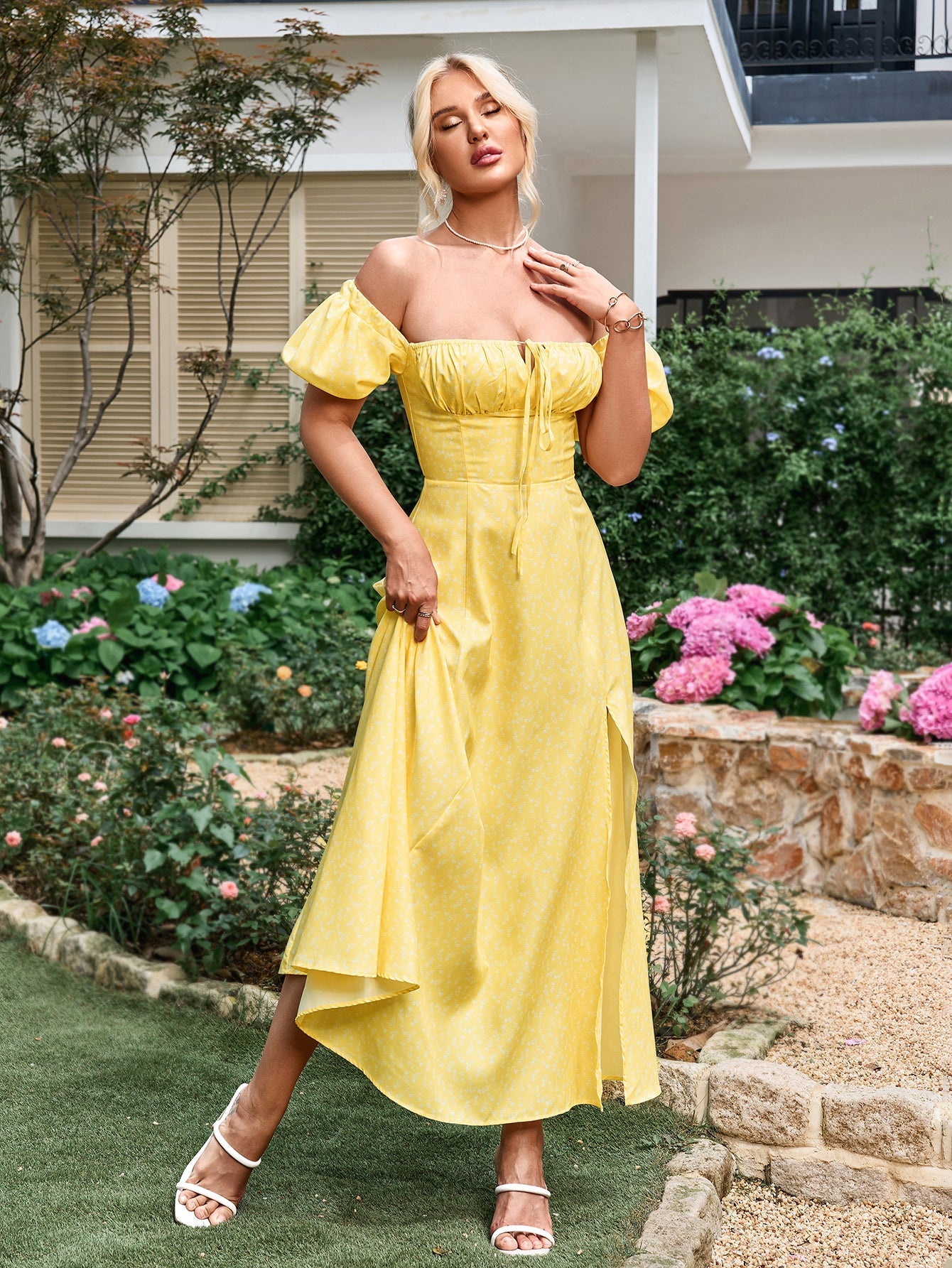 Floral Puff Sleeve Off Shoulder Flowy Slit Midi Dress