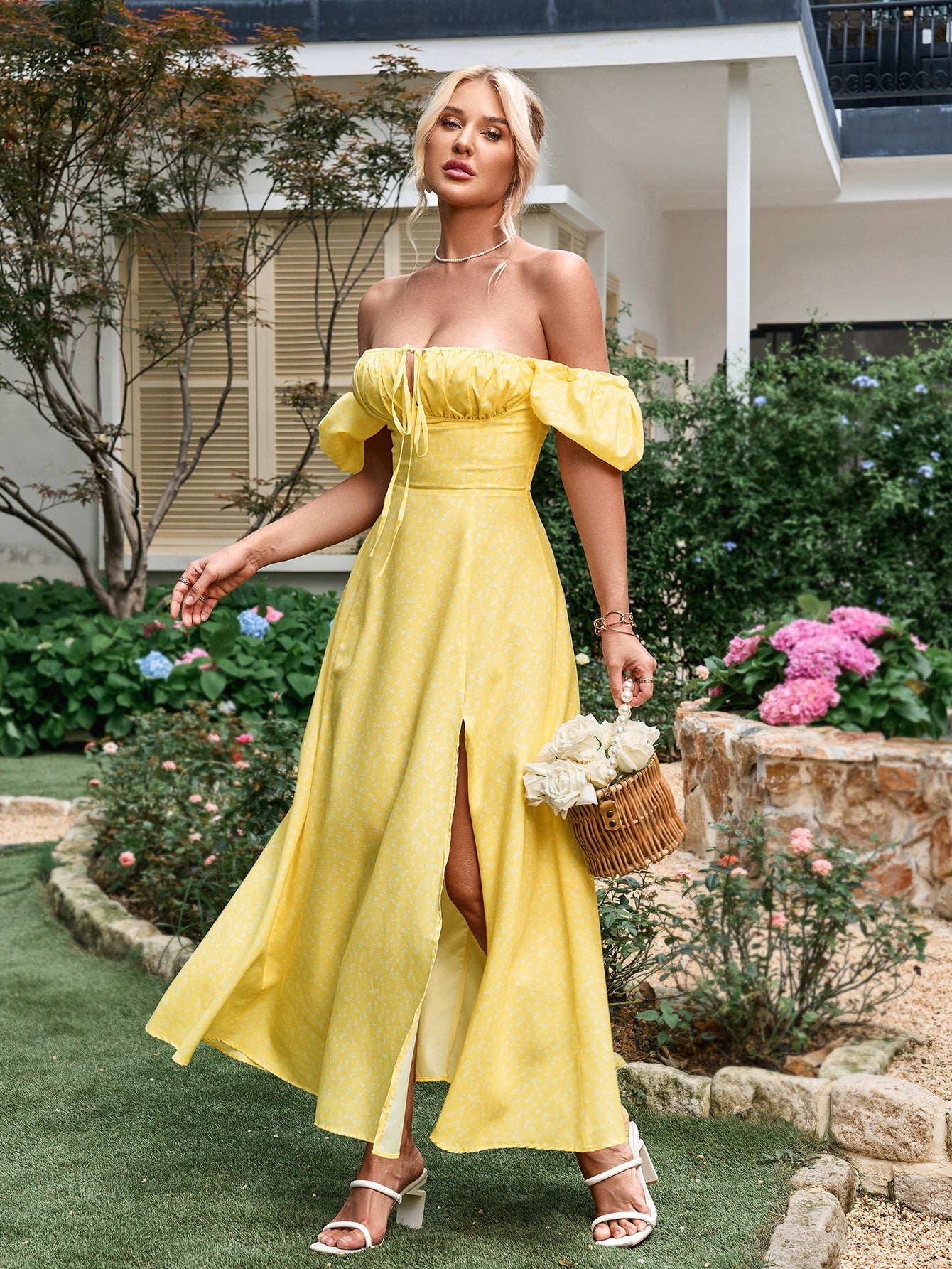 Floral Puff Sleeve Off Shoulder Flowy Slit Midi Dress