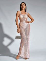Sexy Slim Sleeveless Backless Mesh Sparkly Bodycon Dress