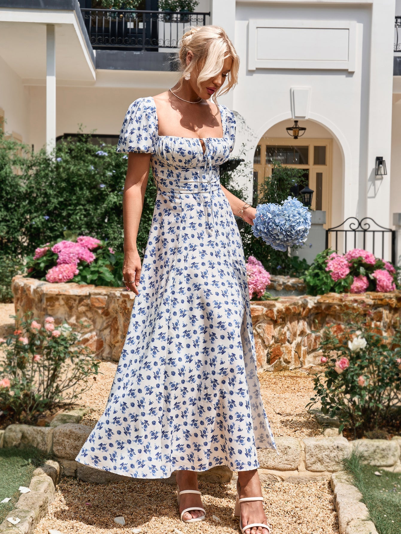 Floral Puff Sleeve Off Shoulder Flowy Slit Midi Dress