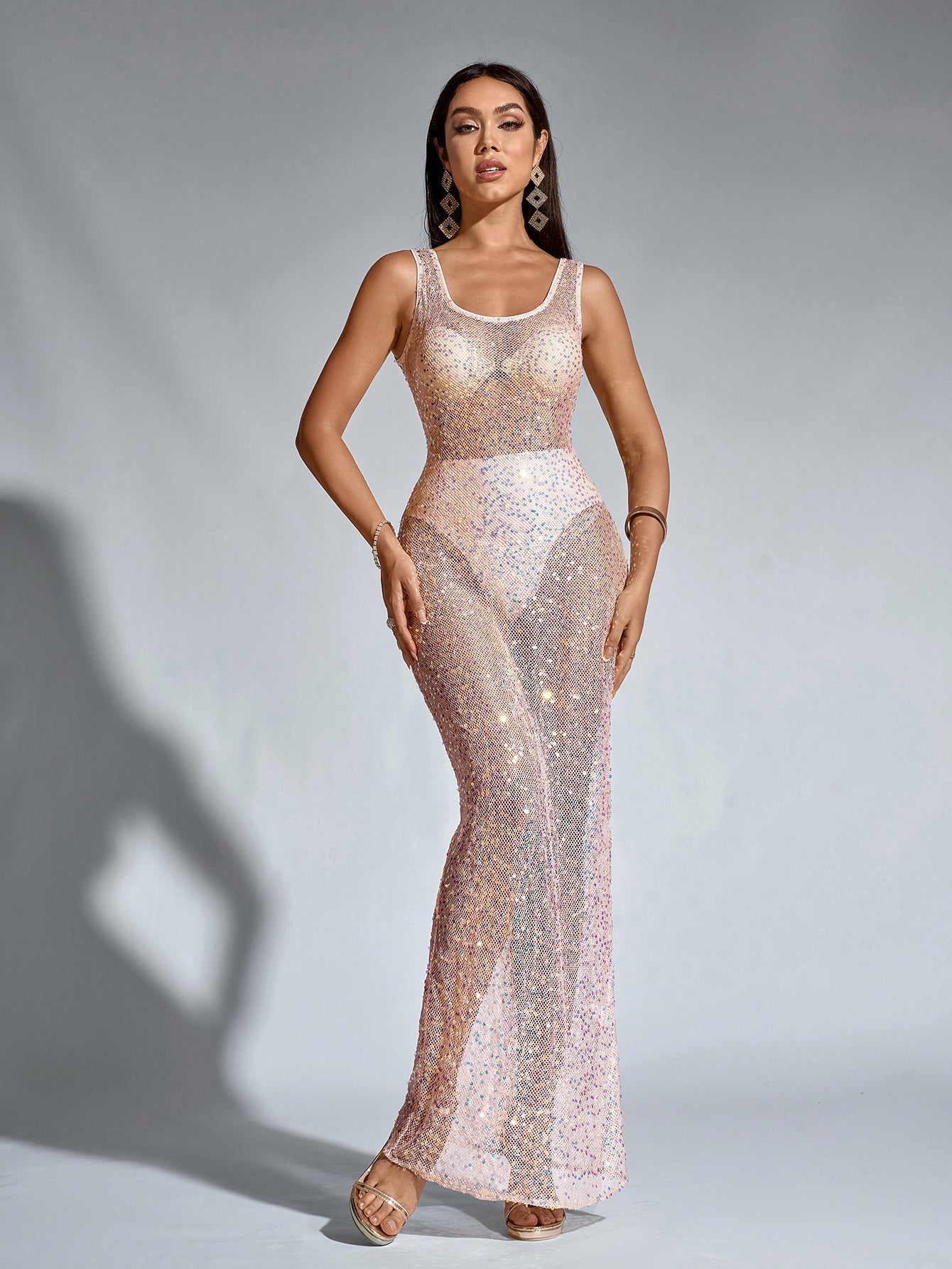 Sexy Slim Sleeveless Backless Mesh Sparkly Bodycon Dress
