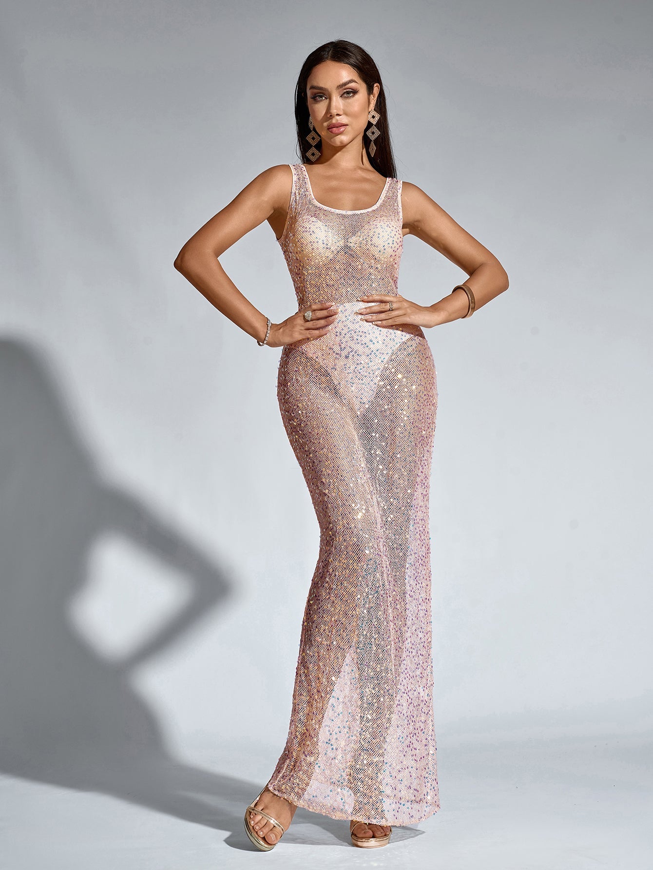 Sexy Slim Sleeveless Backless Mesh Sparkly Bodycon Dress