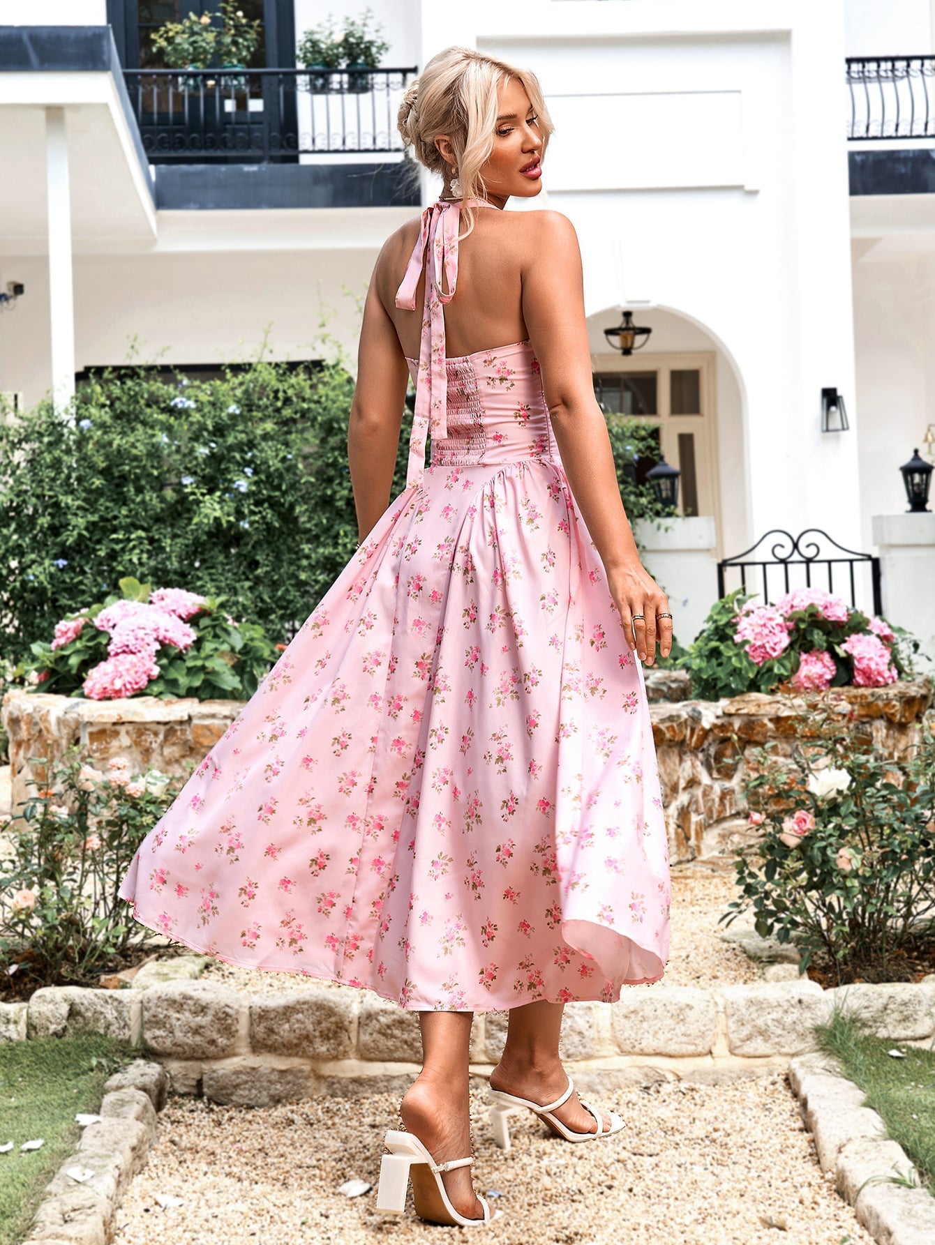 Halter Tie Floral Smocking Dress