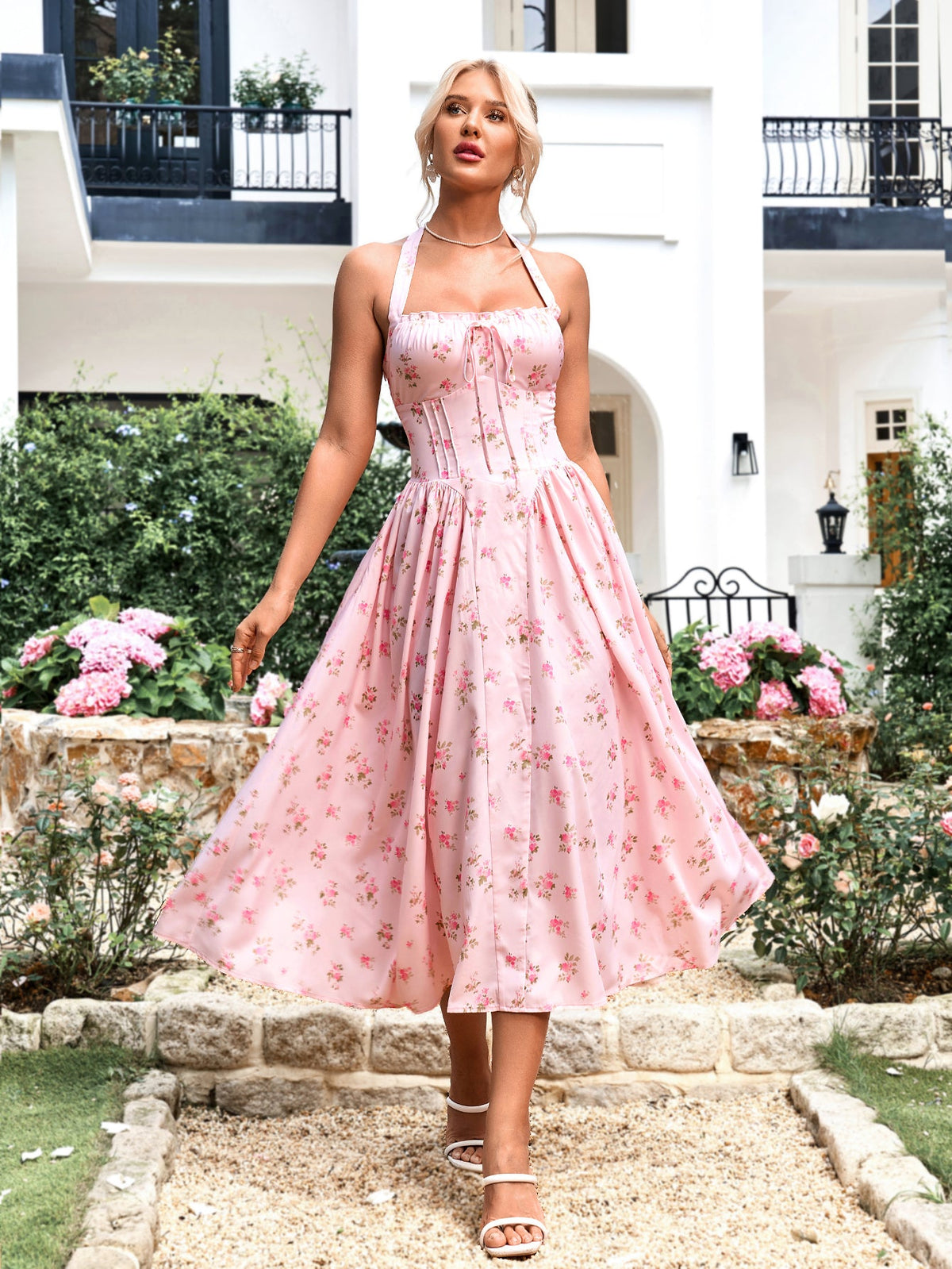 Halter Tie Floral Smocking Dress