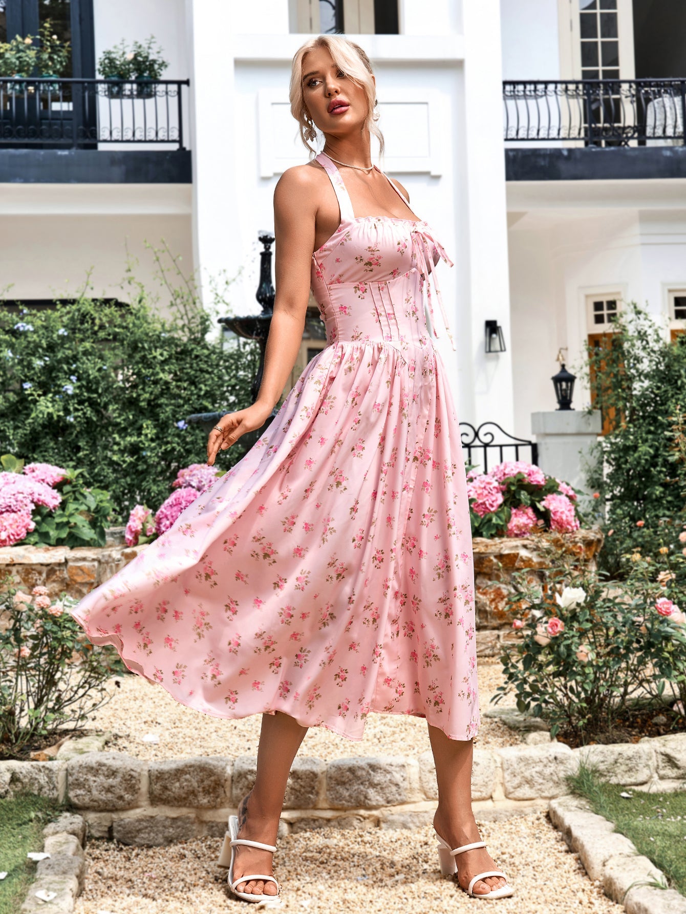 Halter Tie Floral Smocking Dress