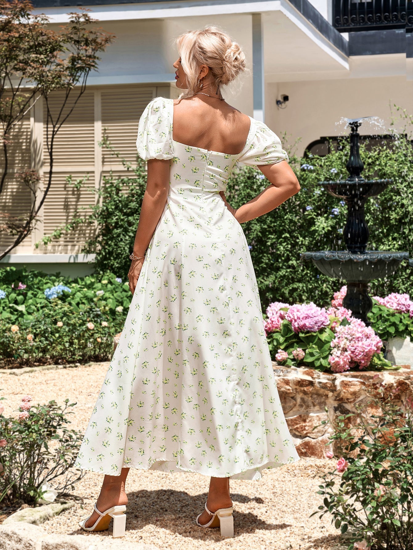Floral Puff Sleeve Off Shoulder Flowy Slit Midi Dress