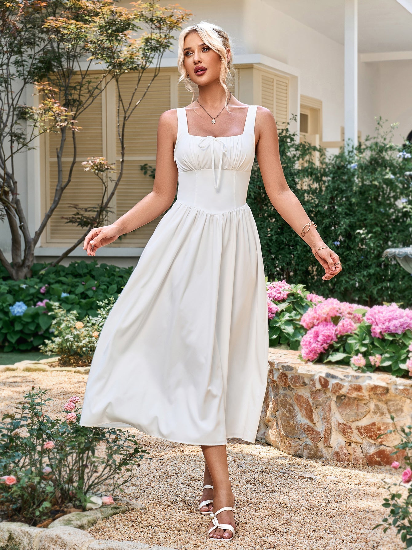 French Sexy Square-Neck Solid Sleeveless Backless Ruched Midi Dress